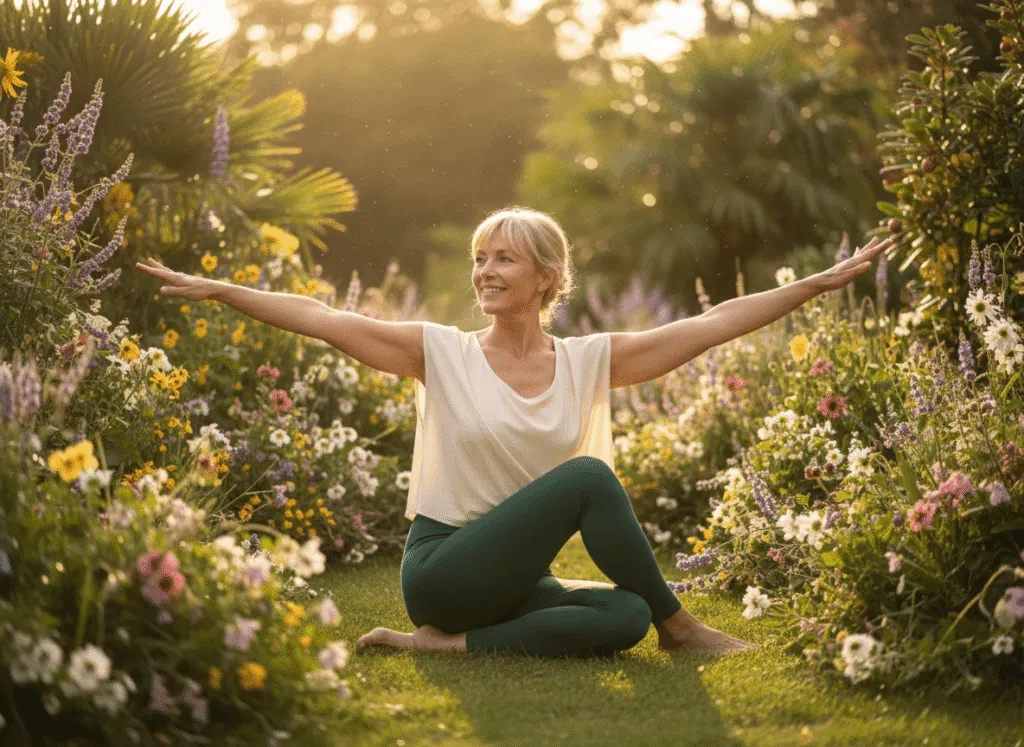 Active mature woman enjoying healthy aging and longevity coaching outdoors